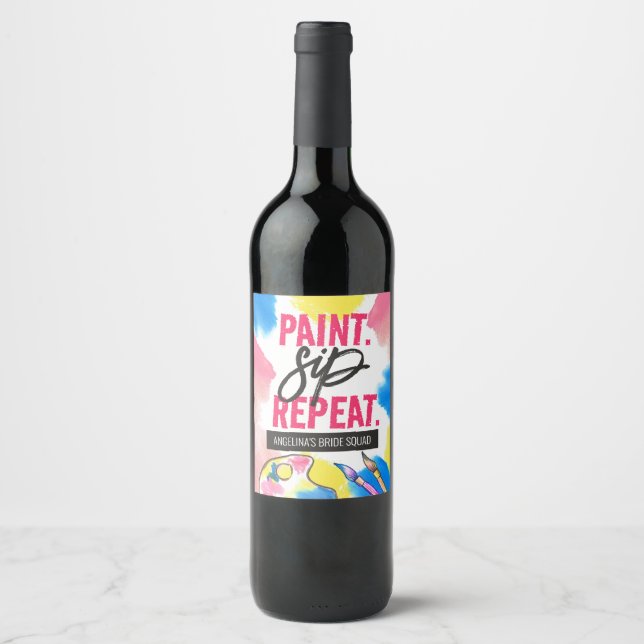 Paint and Sip Bachelorette Gastgeschenk Weinetikett (Vorderseite)