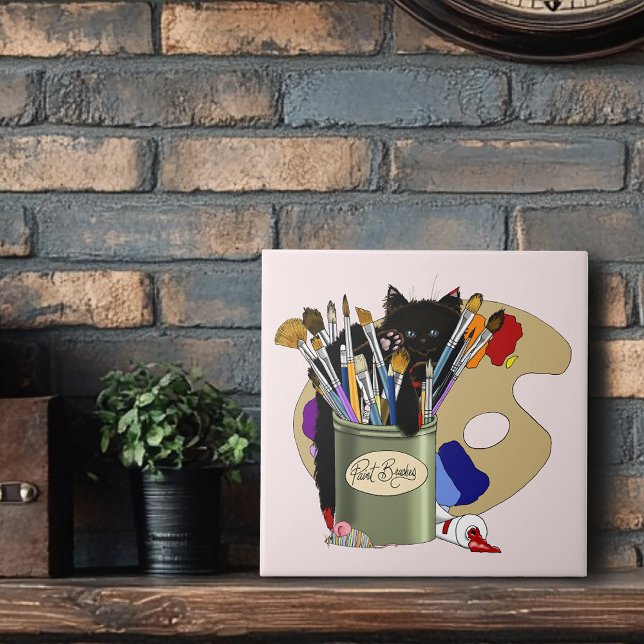 Paint Brushes Pallet Black Kitten Artist Fliese (Von Creator hochgeladen)