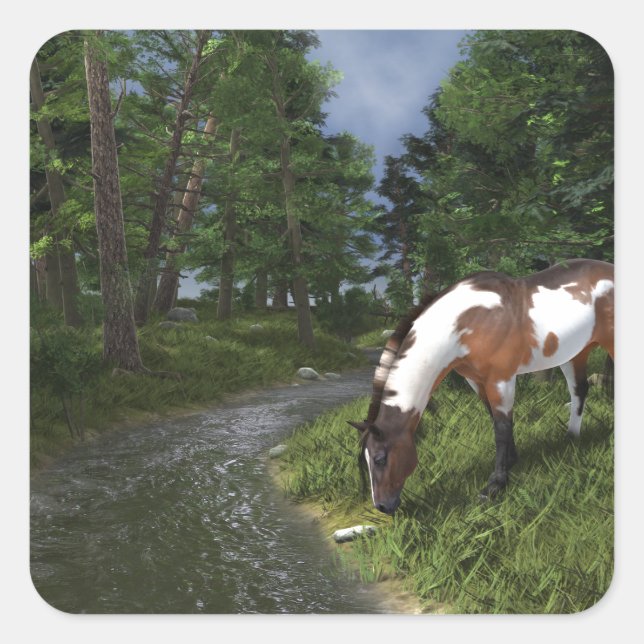 Paint Horse by Forest Stream Quadratischer Aufkleber (Vorderseite)