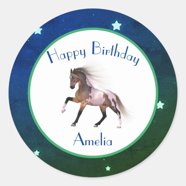 Paint Horse Happy Birthday Blue Green Stickers (Vorderseite)