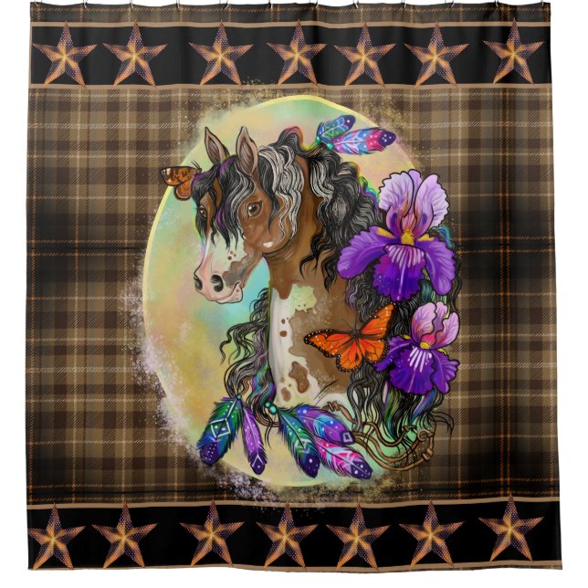 Paint Horse Mustang mit Iris und Schmetterlingen Duschvorhang (Vorderseite)