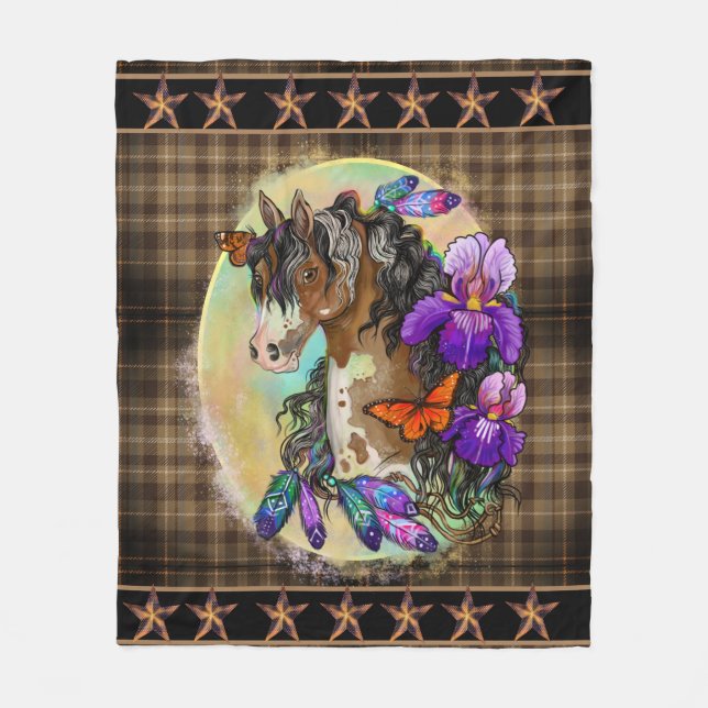 Paint Horse Mustang mit Iris und Schmetterlingen Fleecedecke (Vorderseite)