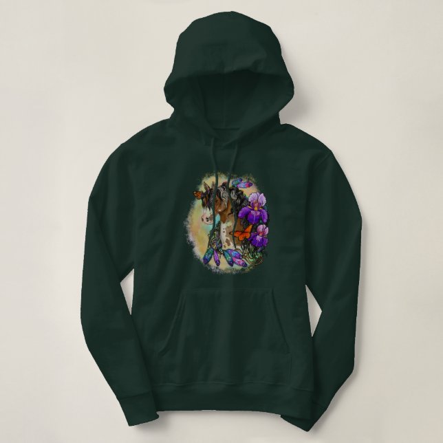 Paint Horse Mustang mit Iris und Schmetterlingen Hoodie (Design vorne)
