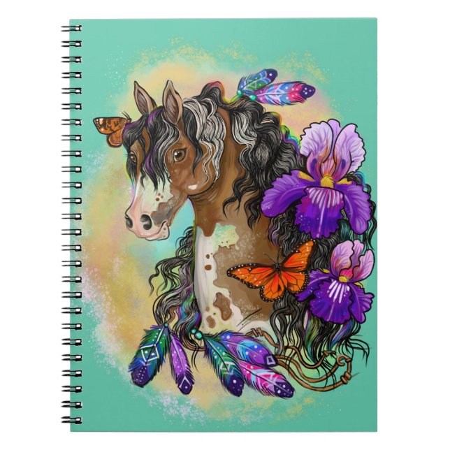 Paint Horse Mustang mit Iris und Schmetterlingen Notizblock (Vorderseite)