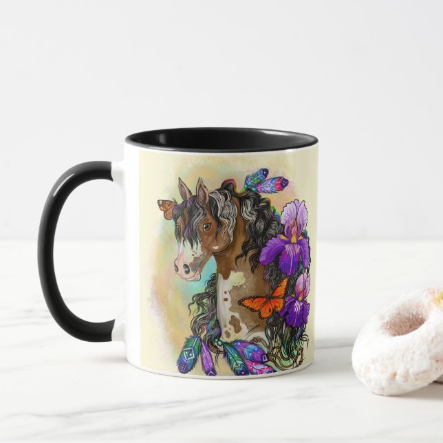 Paint Horse Mustang mit Iris und Schmetterlingen Tasse (Mit Donut)