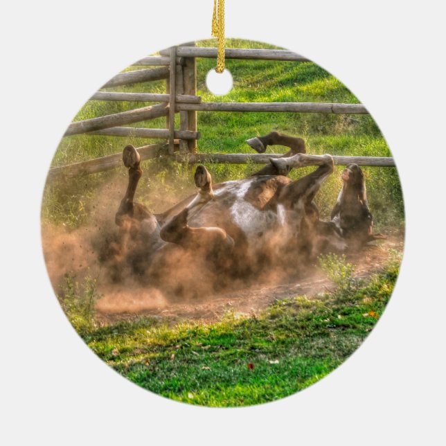 Paint Horse Rolling in Dust Funny Equine Foto Keramik Ornament (Hinten)