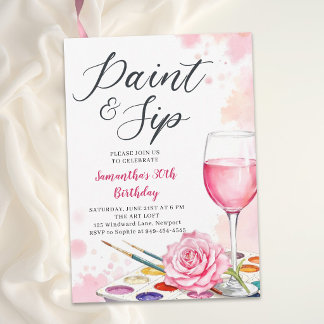 Paint Sip Weinparty Aquarell Rose 30. Geburtstag Einladung