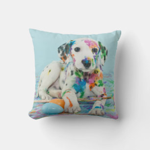 PAINT SPLATTERED PUPPY THROW PILLOW. Dekokissen