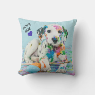 PAINT SPLATTERED PUPPY THROW PILLOW. Dekokissen