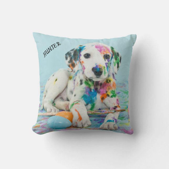 PAINT SPLATTERED PUPPY THROW PILLOW. Dekokissen (Vorderseite)