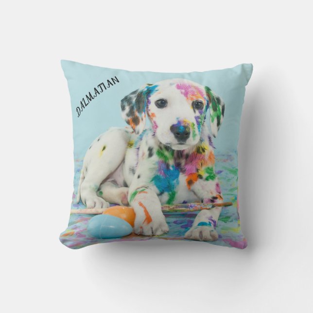 PAINT SPLATTERED PUPPY THROW PILLOW. Dekokissen (Vorderseite)