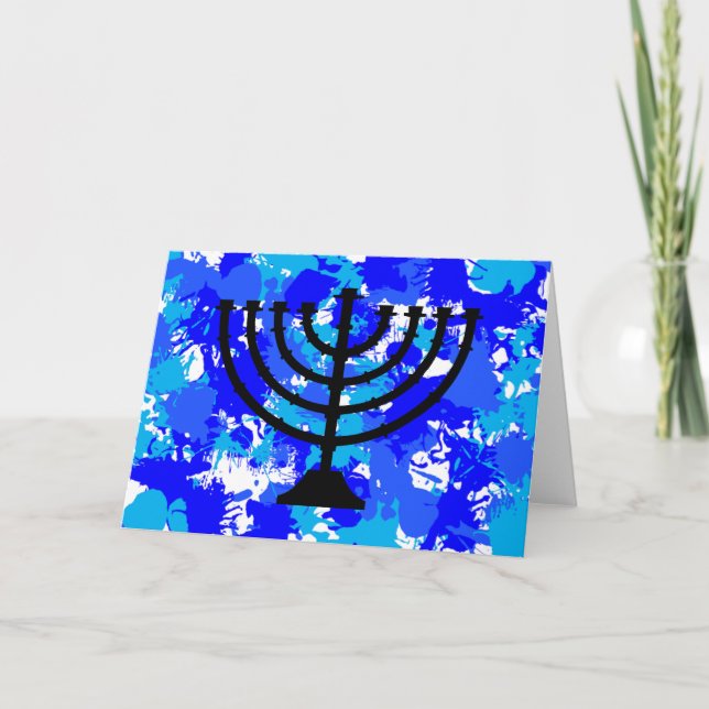 Paint Spritzer Blue Menorah Feiertagskarte (Vorderseite)