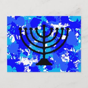 Paint Spritzer Blue Menorah Postkarte