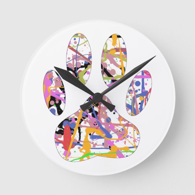 Paint Spritzer Dog Pad Print Runde Wanduhr (Vorderseite)