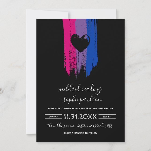 Paint Strokes Bisexual Flag & Black Heart Wedding Einladung (Vorderseite)