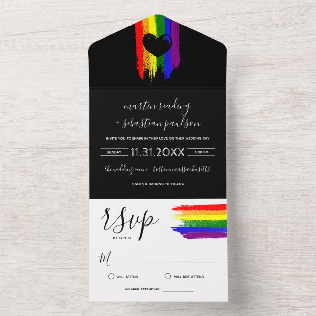 Paint Strokes Pride Flag & Black Heart Wedding Inv All In One Einladung (Innen Boden)