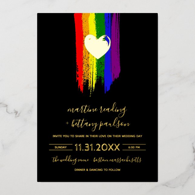 Paint Strokes Pride Flag & Gold Heart Wedding Folieneinladung (Vorderseite)