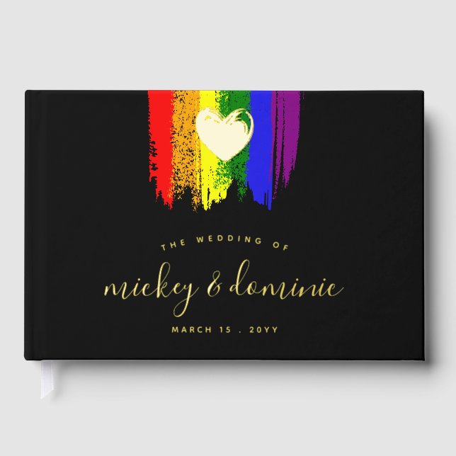 Paint Strokes Pride Flag & Gold Heart Wedding Gästebuch (Vorderseite)