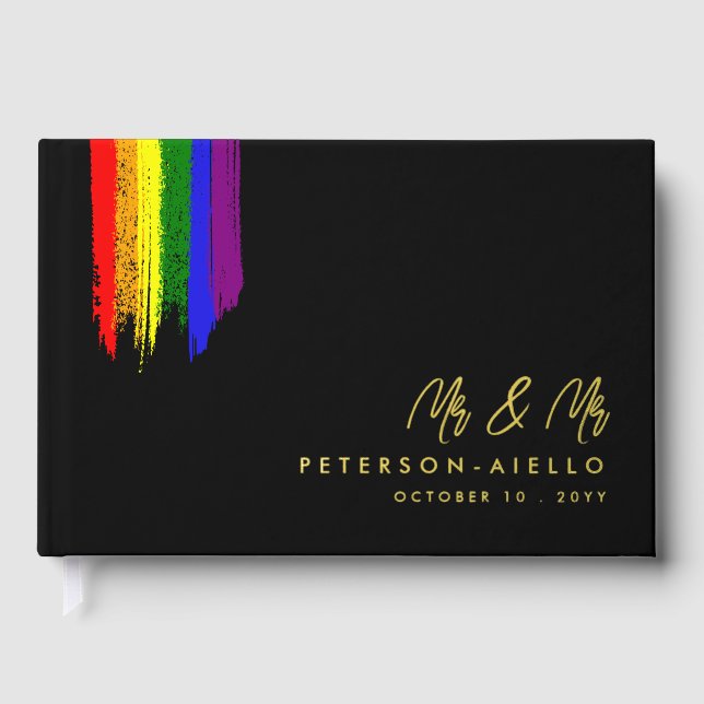 Paint Strokes Pride Flag Gold Text Wedding Gästebuch (Vorderseite)