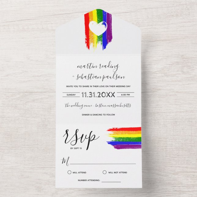 Paint Strokes Pride Flag White Heart Wedding All In One Einladung (Innen Boden)