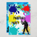 Paintball-16. Geburtstag Einladung<br><div class="desc">Cooler Spaß laden für Jungen und Männer ein. Helle Spritzer der Farbe sind auf der Front von diesem coolen einladen Schablone mit einem Druckbild eines gekleideten Mannes und vorbereiten für den Paintballspaß. Die Rückseite dieser Karte hat eine Wasser farbige Farbe, die platscher Hintergrund mit einem Soldaten bereit zum Kampf sich...</div>