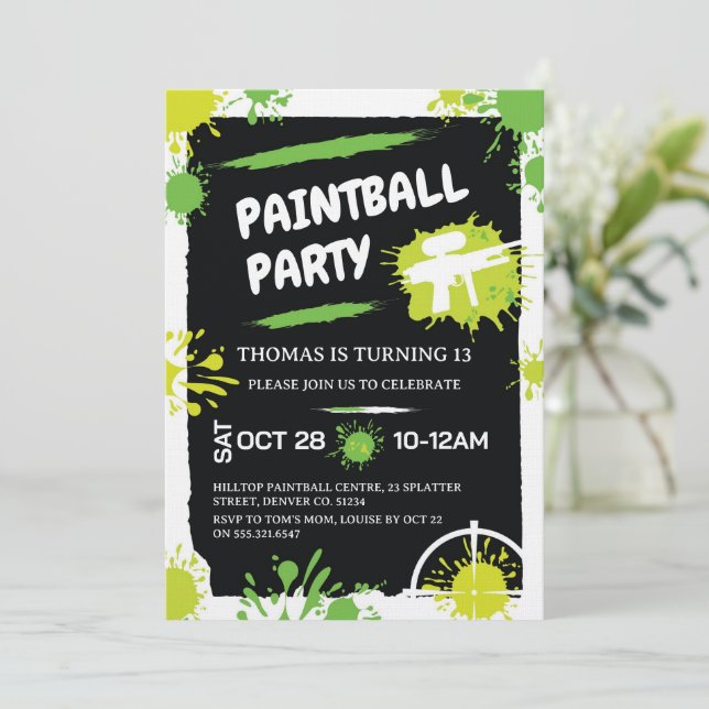 Paintball-Geburtstagsfeier Einladung (Stehend Vorderseite)