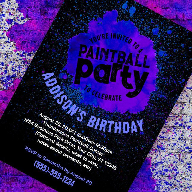 Paintball Geburtstagsparty Custom Einladung - Blau (purple paint splatter customizable birthday invite against a paint splattered brick background)