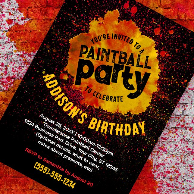 Paintball Geburtstagsparty Custom Einladung - Oran (orange paint splatter customizable birthday invite against a paint splattered brick background. )