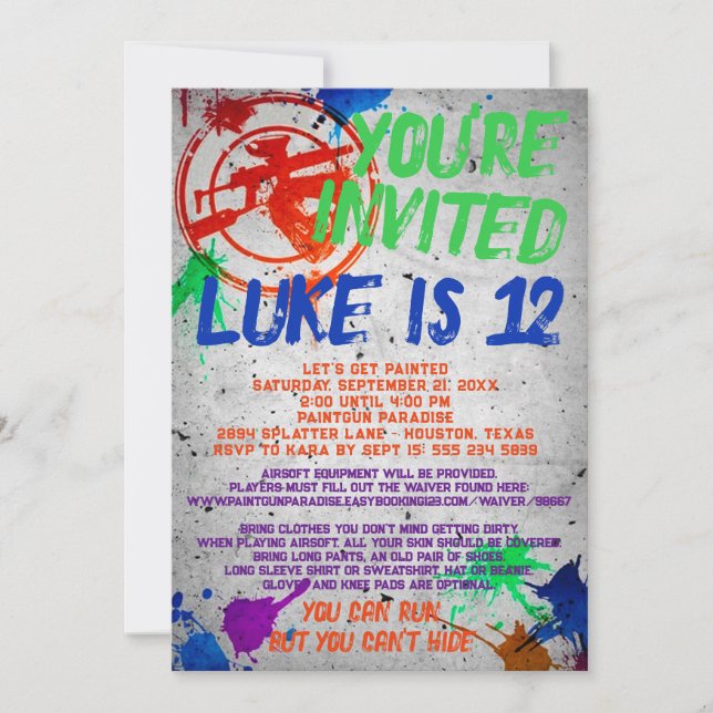 Paintball Geburtstagsparty Einladung (Vorderseite)