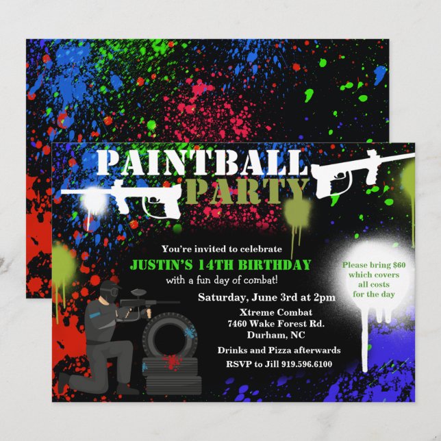 Paintball Party Geburtstagsfeier Einladung (Vorne/Hinten)