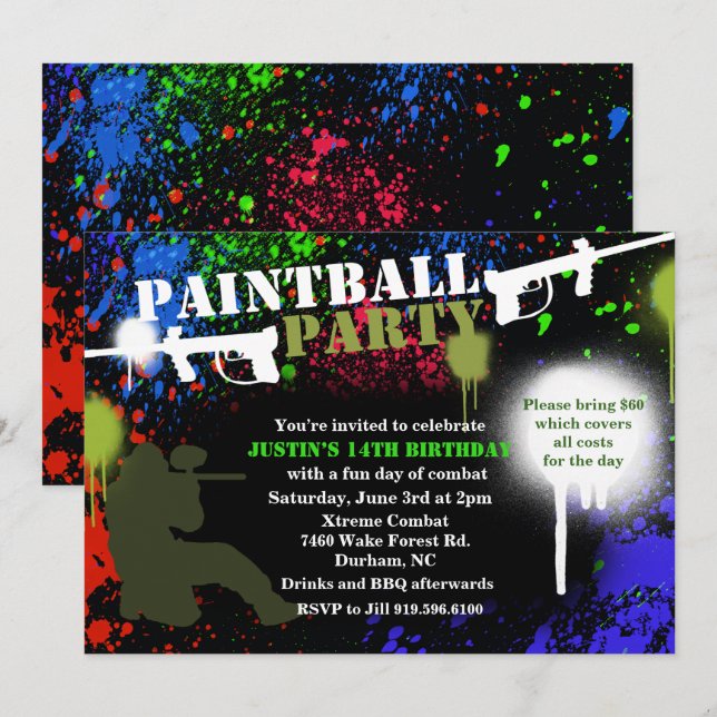 Paintball Party Geburtstagsfeier Einladung (Vorne/Hinten)