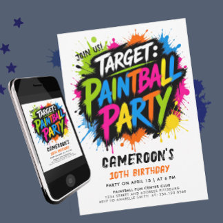 Paintball-Spaß Farbige Paint-Typo-Spritzer Zielsch Einladung