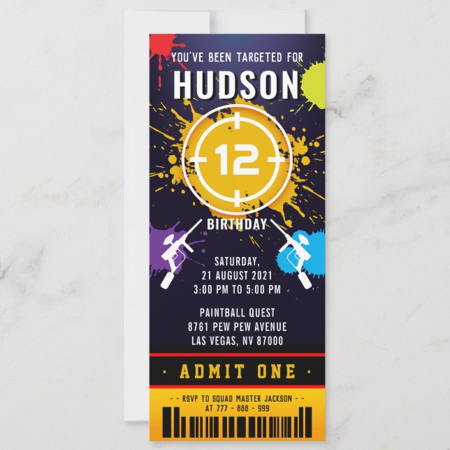 Paintball Ticket Pass Einladung zur Geburtstagspar (Vorderseite)