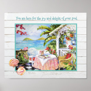 Painted Beach Cottage Porch Scene Shells & Saying Poster