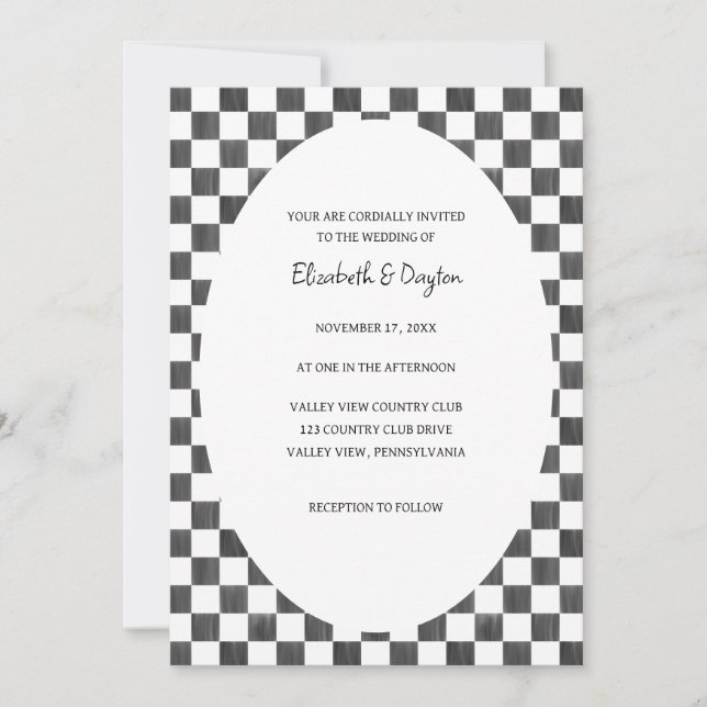 Painted Black and White Check Pattern Wedding Einladung (Vorderseite)
