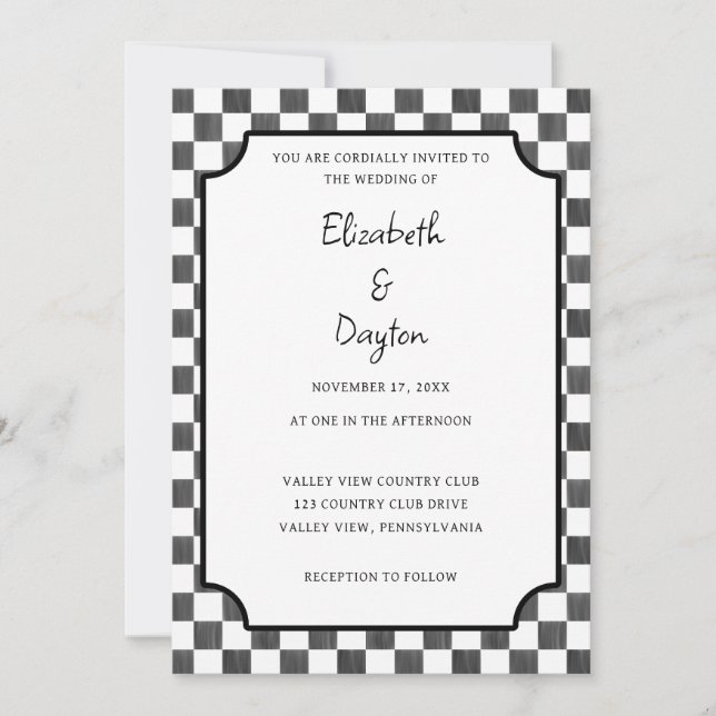 Painted Black Checkerboard Pattern Wedding Einladung (Vorderseite)