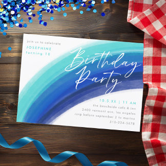 Painted Blue Rainbow Birthday Party Einladung