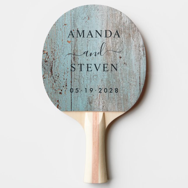 Painted Blue Wood Couple Names with Wedding Date Tischtennis Schläger (Rückseite)