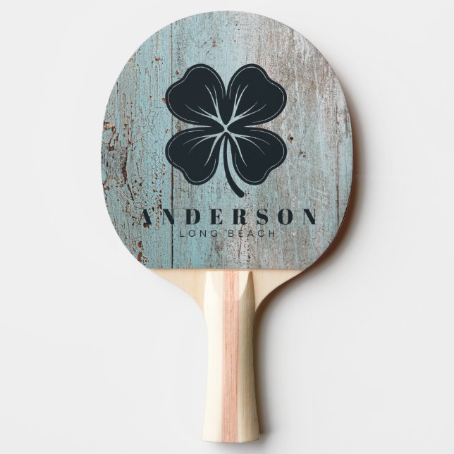 Painted Blue Wood Four Leaf Clover with Name Tischtennis Schläger (Rückseite)