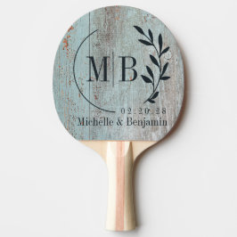 Painted Blue Wood Leaf Wedding Monogram Tischtennis Schläger