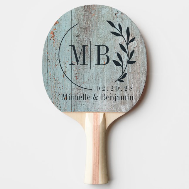 Painted Blue Wood Leaf Wedding Monogram Tischtennis Schläger (Vorderseite)