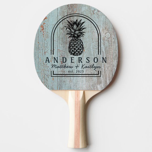 Painted Blue Wood Pineapple Wedding Arch & Name Tischtennis Schläger (Vorderseite)