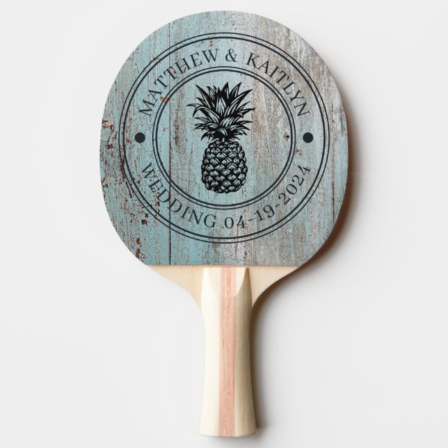 Painted Blue Wood Pineapple Wedding Crest & Names Tischtennis Schläger (Rückseite)