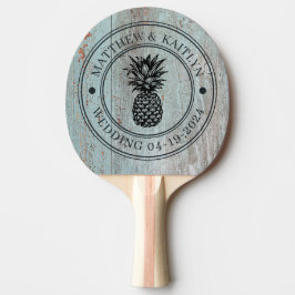 Painted Blue Wood Pineapple Wedding Crest & Names Tischtennis Schläger