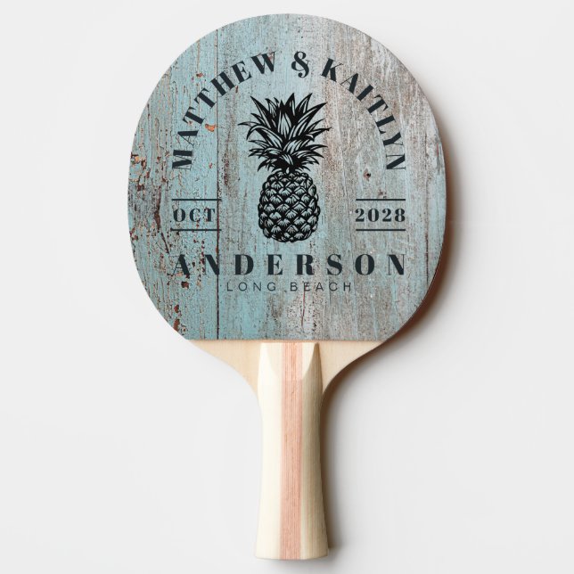 Painted Blue Wood Tropical Pineapple Wedding Crest Tischtennis Schläger (Rückseite)