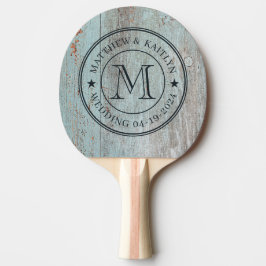 Painted Blue Wood Wedding Monogram Star Tischtennis Schläger