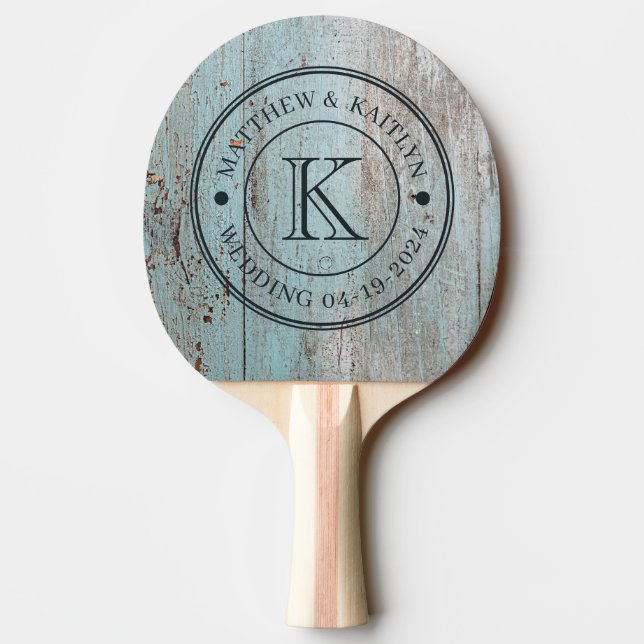 Painted Blue Wood Wedding Monogram Tischtennis Schläger (Rückseite)