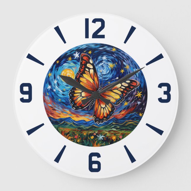 Painted Butterfly Starry Night Sky Elegant Womans Große Wanduhr (Vorderseite)