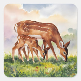 Painted Deer Mom and Baby Quadratischer Aufkleber