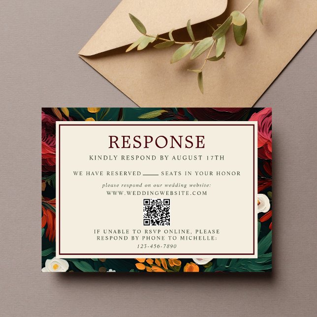 Painted Floral Dark Burgundy Green Website Hochzei RSVP Karte (Von Creator hochgeladen)